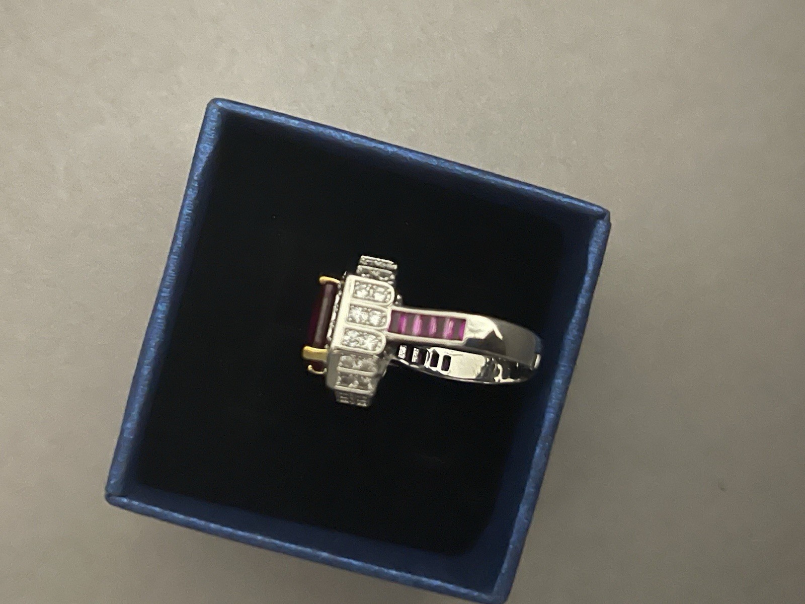 Gorgeous Simulated Princess Cut Ruby and Diamond Silver Ring Size 8