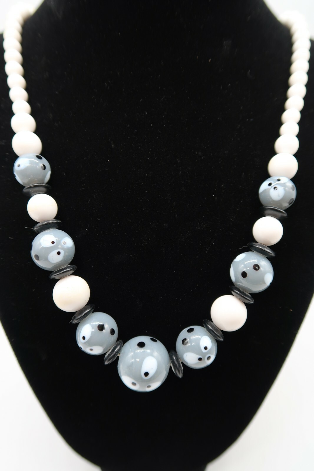 Fun vintage gray white & black polka dot beaded necklace princess length