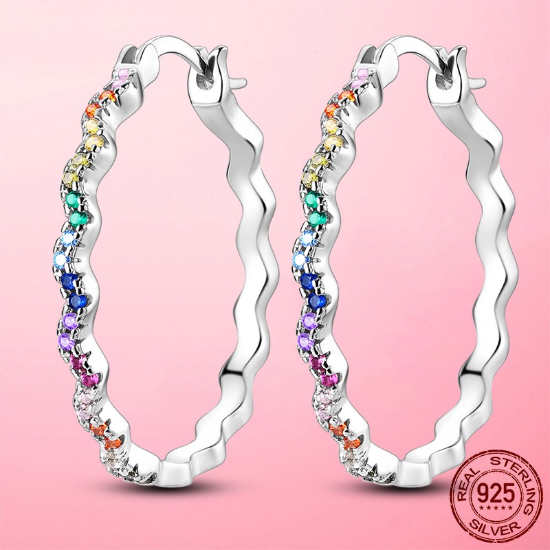 LAZA Double Wave Women 925 Silver Large Hoop Earrings Colorful AAA CZ Jewelry