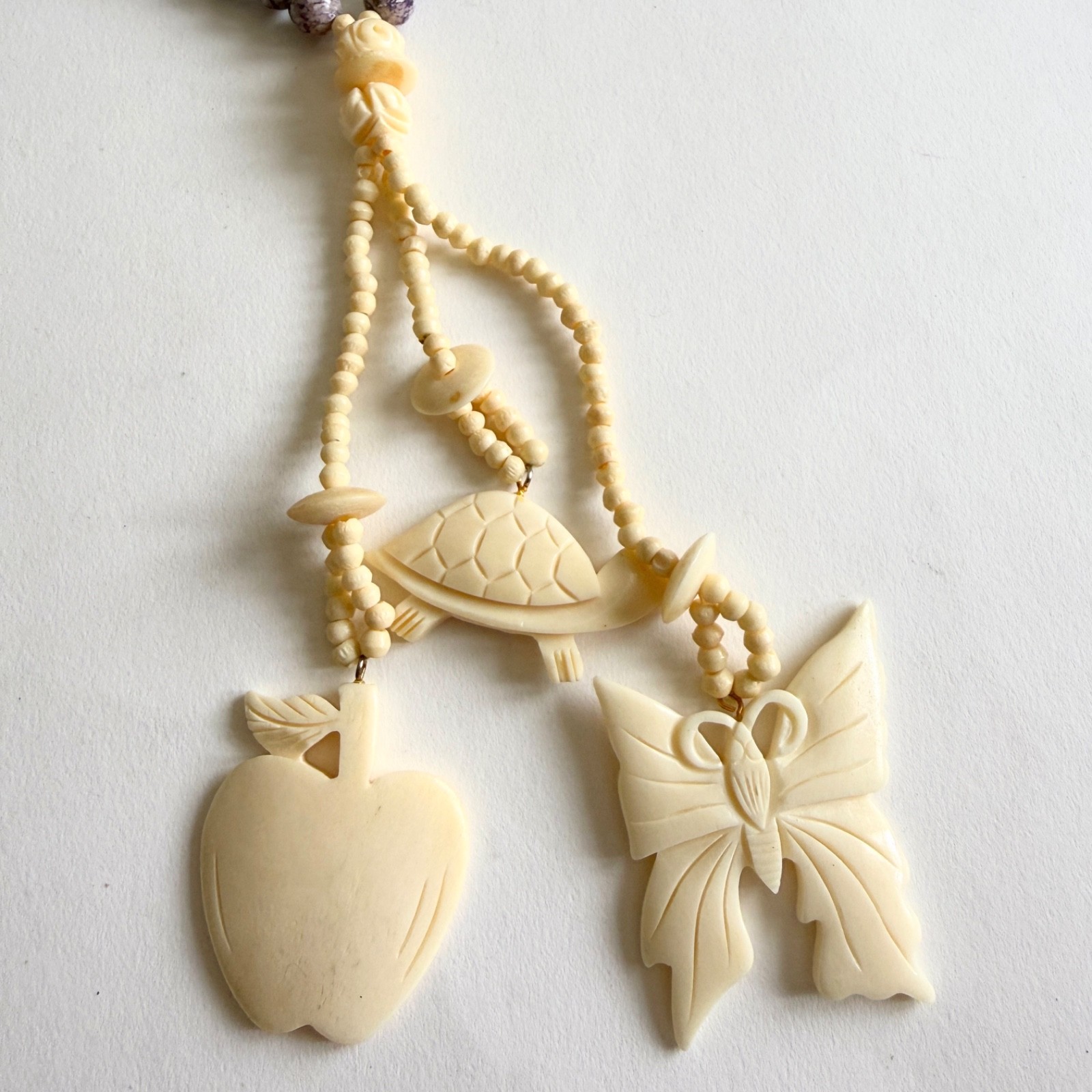 Vintage Fetish Carved Bone Purple Stone Lariat Necklace Butterfly Turtle Apple