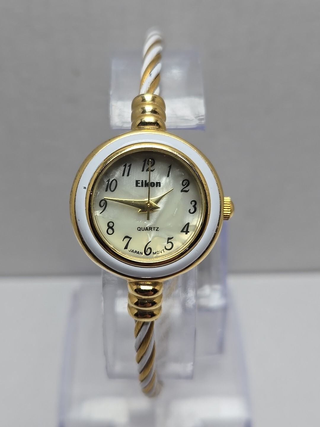 Womens Eikon CB-01 White Enamel Gold Tone Wire Cuff Watch New Battery Bangle