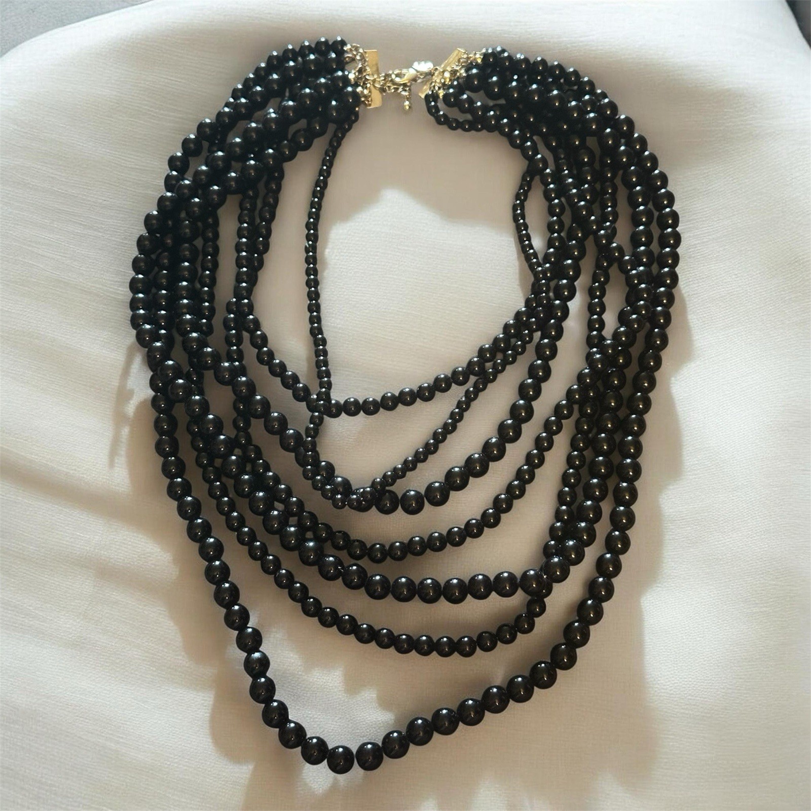 Charming Charlie Multi-Strand Jet Black Beaded Necklace Bold Statement Bib