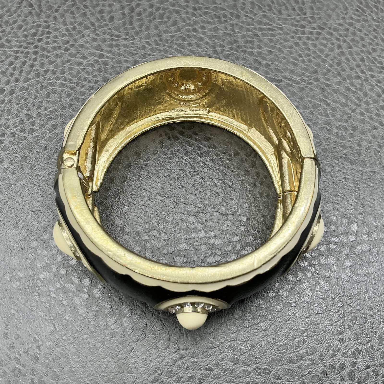Bracelet Black Enamel Hinge Bangle Cream Cabochon Rhinestone Accents 7 inch