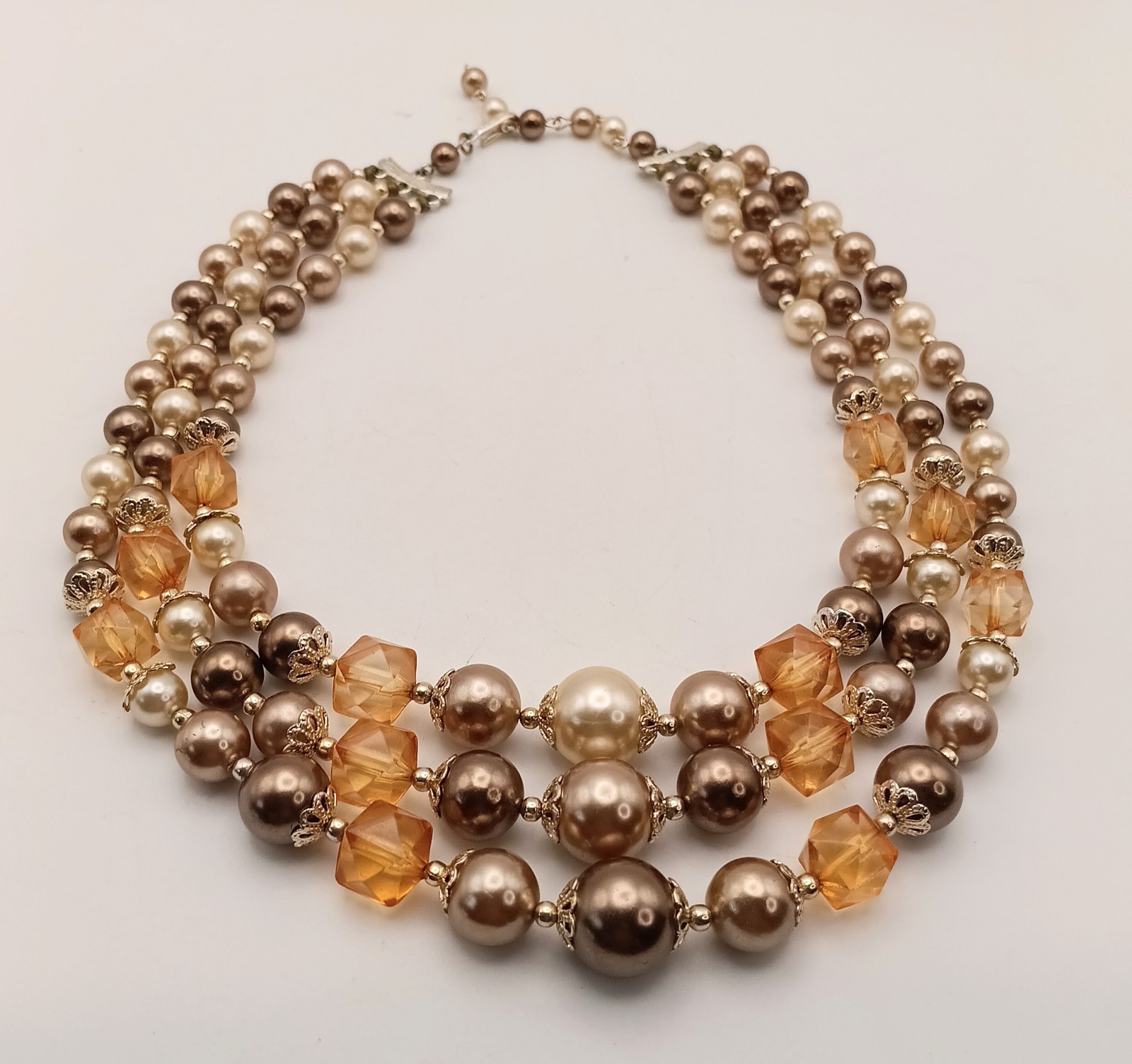Vintage 3 Strand Faux Pearl Necklace Amber Glass Beads Japan Signed Mid Century