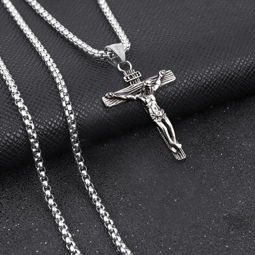 Jesus Christ Crucifix Cross Pendant Necklace Stainless Steel Chain for Men