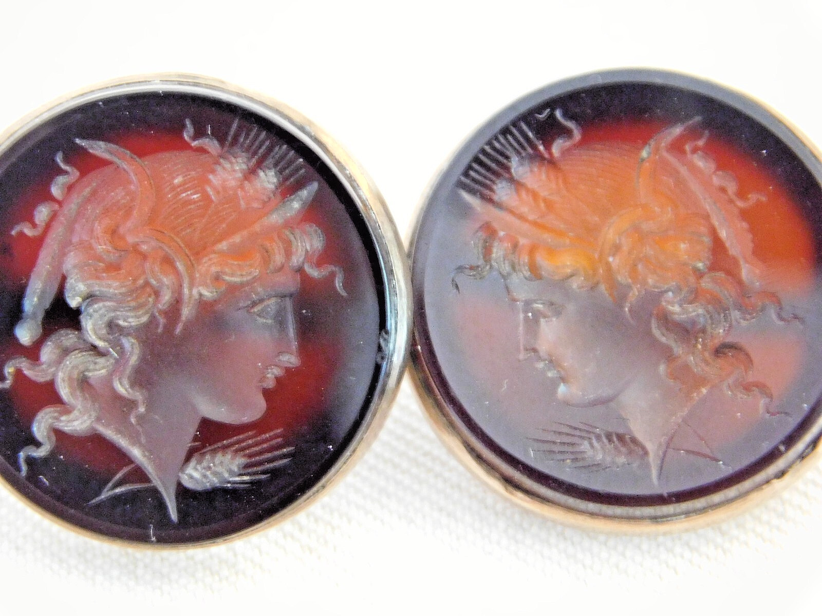 AMAZING Edwardian RENAISSANCE REVIVAL CARVED CARNELIAN CUFFLINKS, GODDESS, 1900