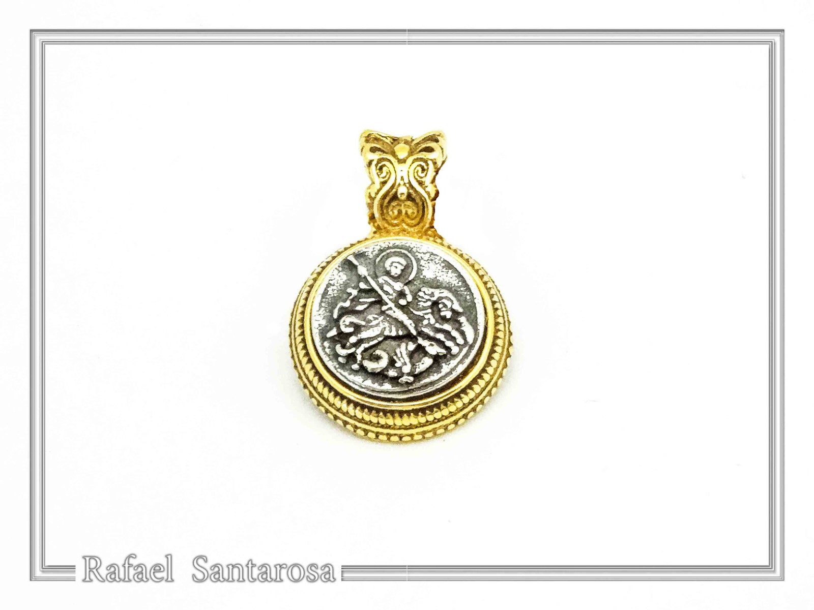 St. George killing Evil talisman charm oxidized silver coin 18ct filligree decor