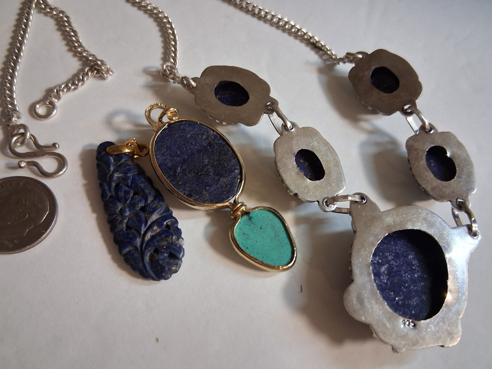 carved lapis lazuli gold filled pendants, sterling silver necklace, total 40g