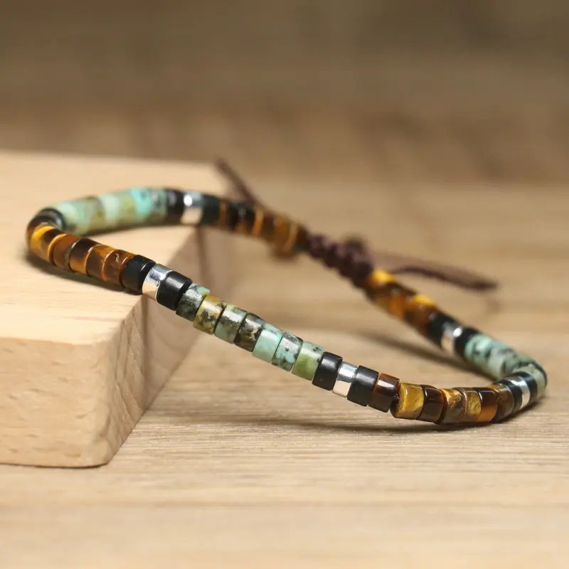 African Turquoise Tiger Eye Healing Gemstone Beaded Bracelet Adjustable Gift