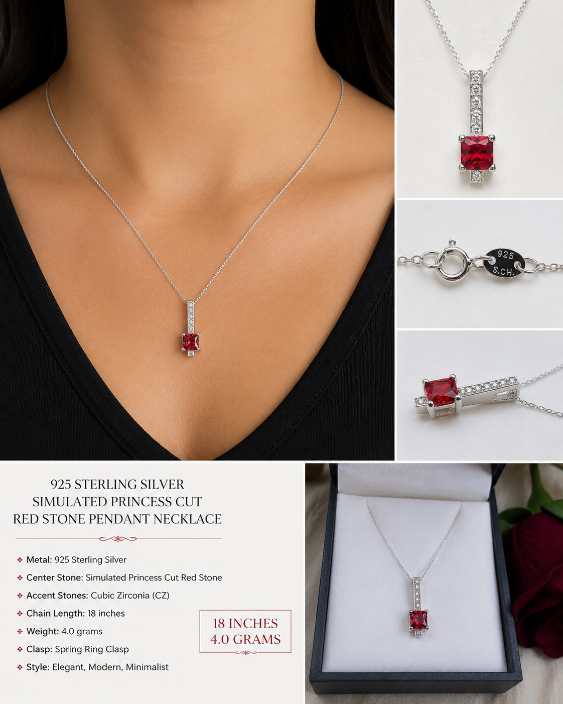 925 Sterling Silver Simulated Princess Cut Red Stone Pendant Necklace 4.0g