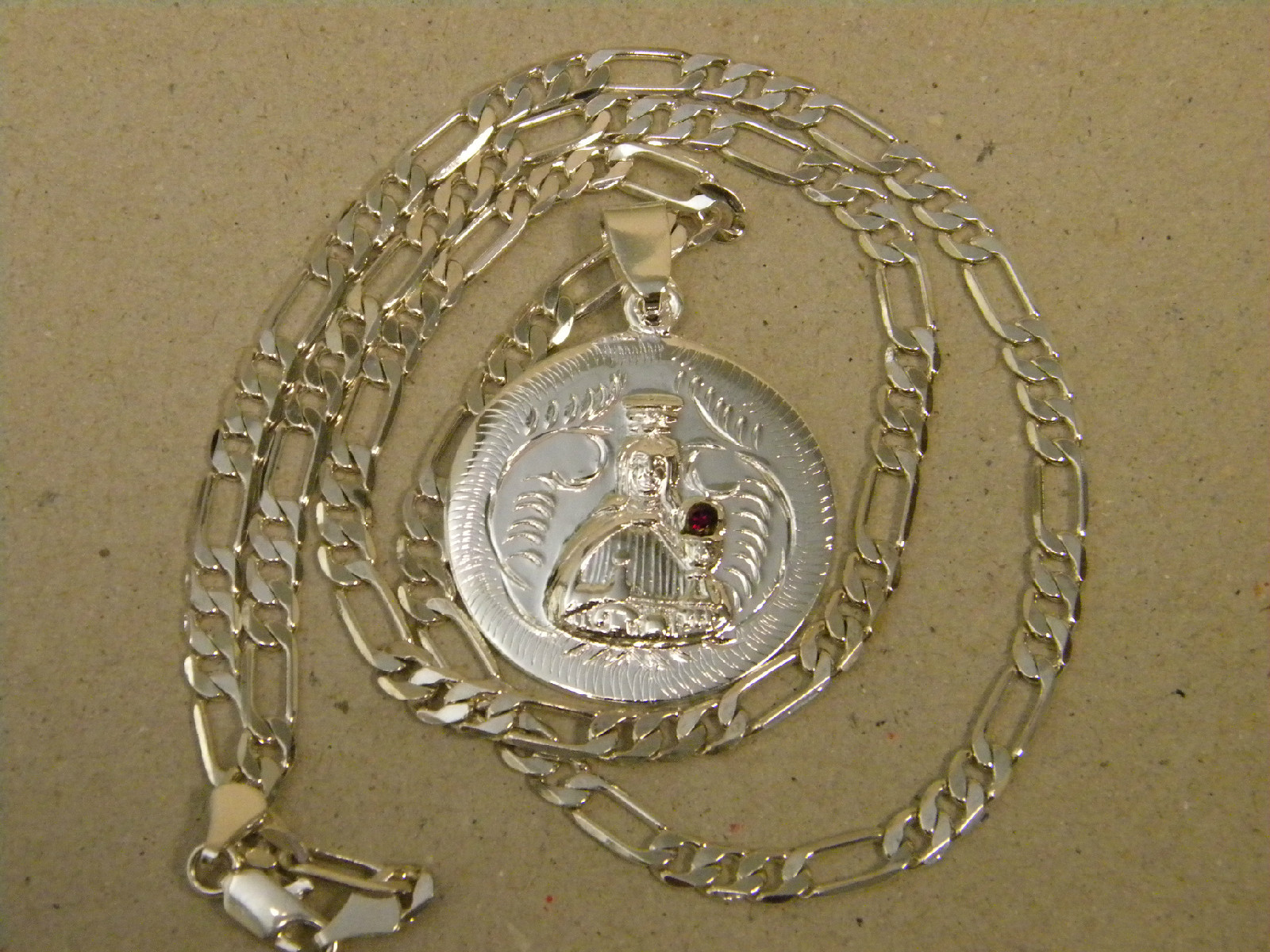 Men’s Lady’s Silver Plated Santa Barbara Red CZ Charm & Figaro Chain 24in 20in