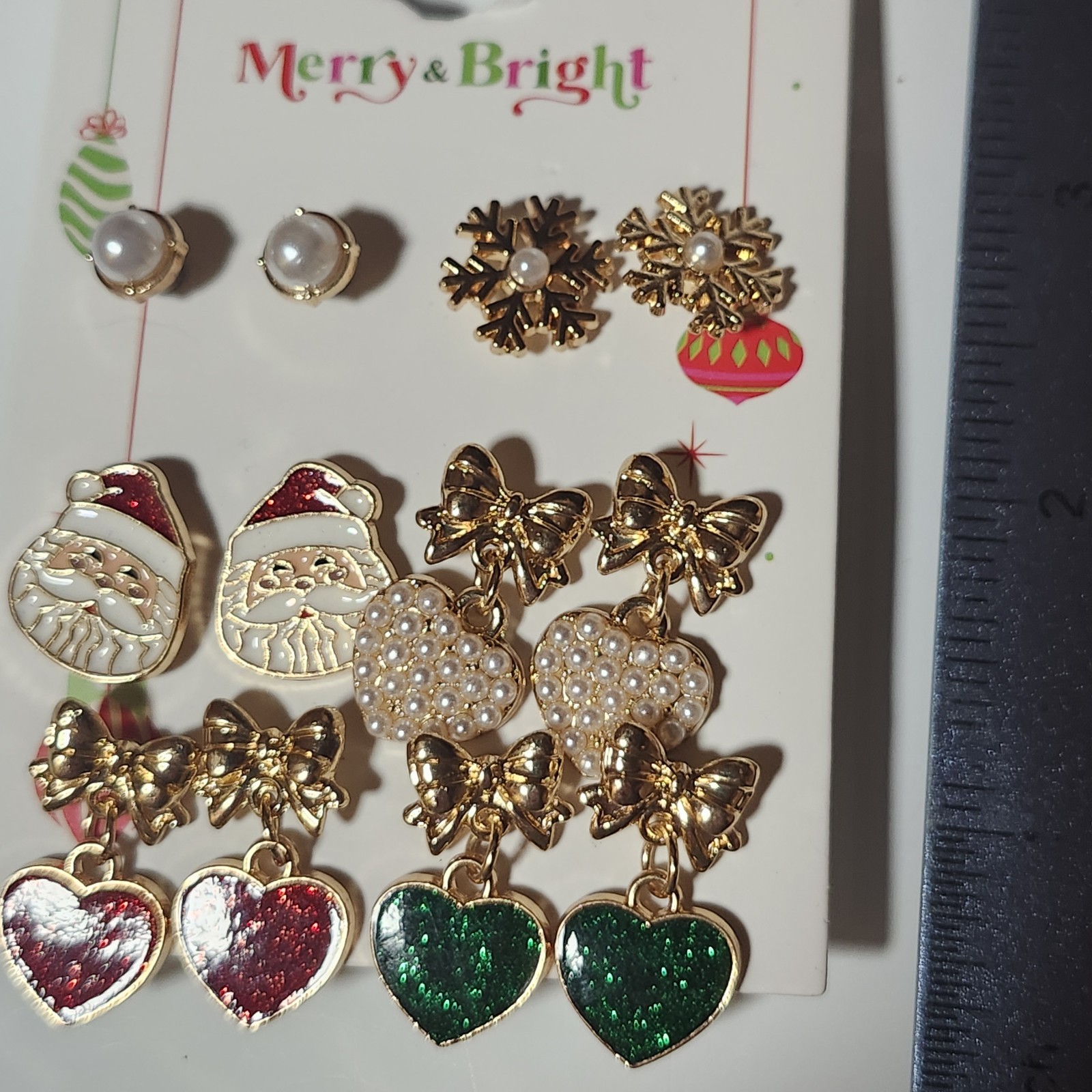Christmas, Holiday, Santa, Snowflake, Earrings Set Hearts, Bows, Red, Green Cute