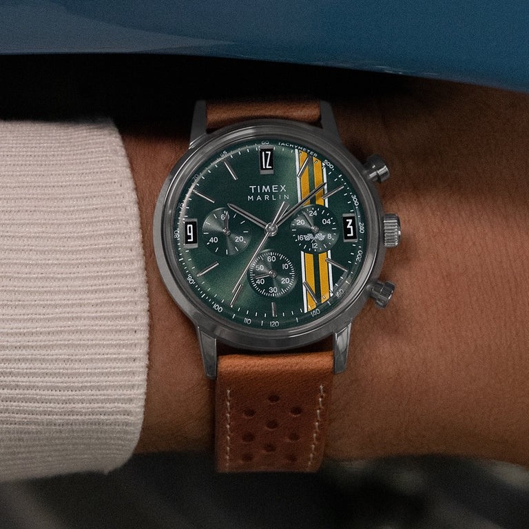 Timex Marlin Chronograph Green Dial Brown Leather Watch TW2W99100