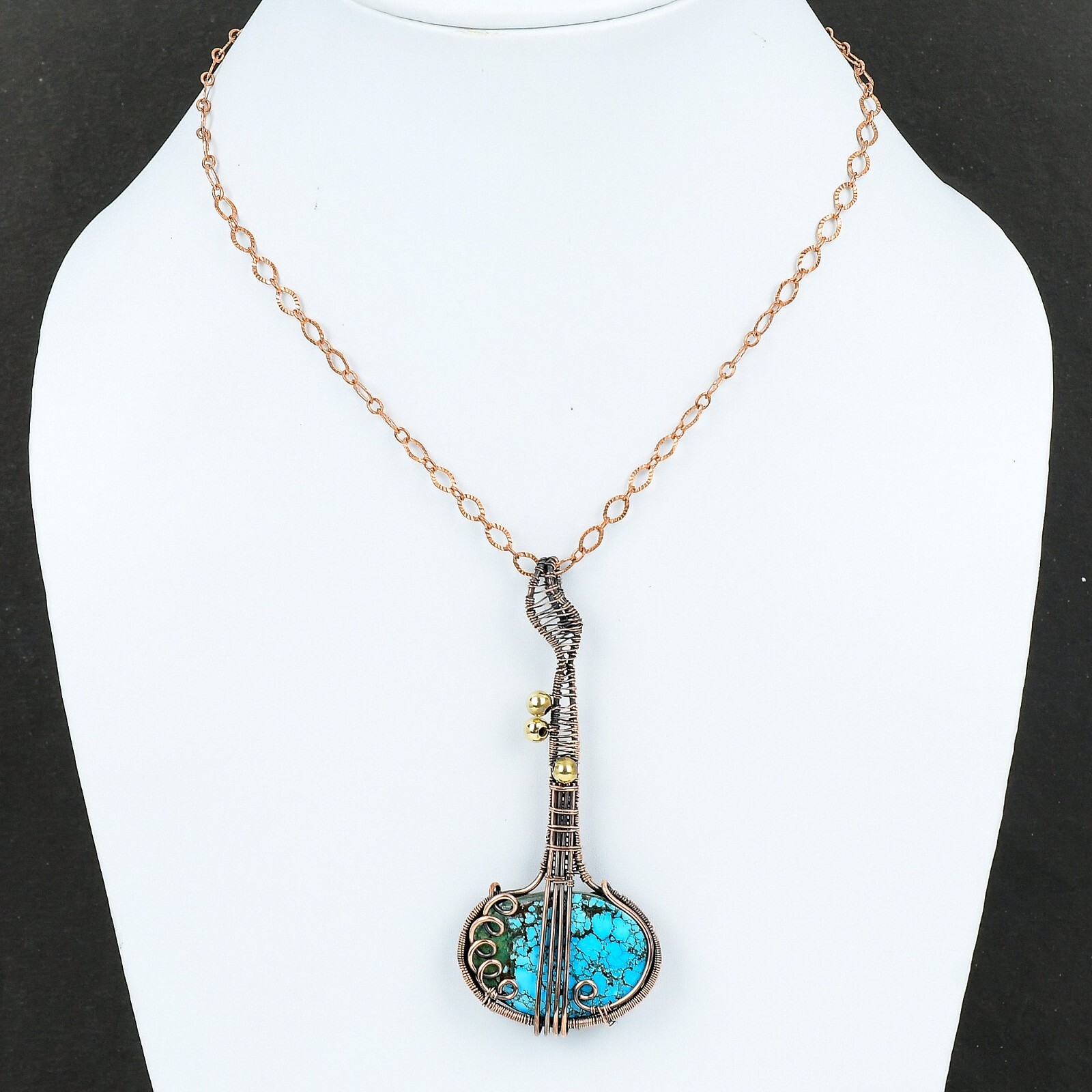 Tibetan Turquoise Copper Love Gift Wire Wrapped Guitar Pendant 3.58″