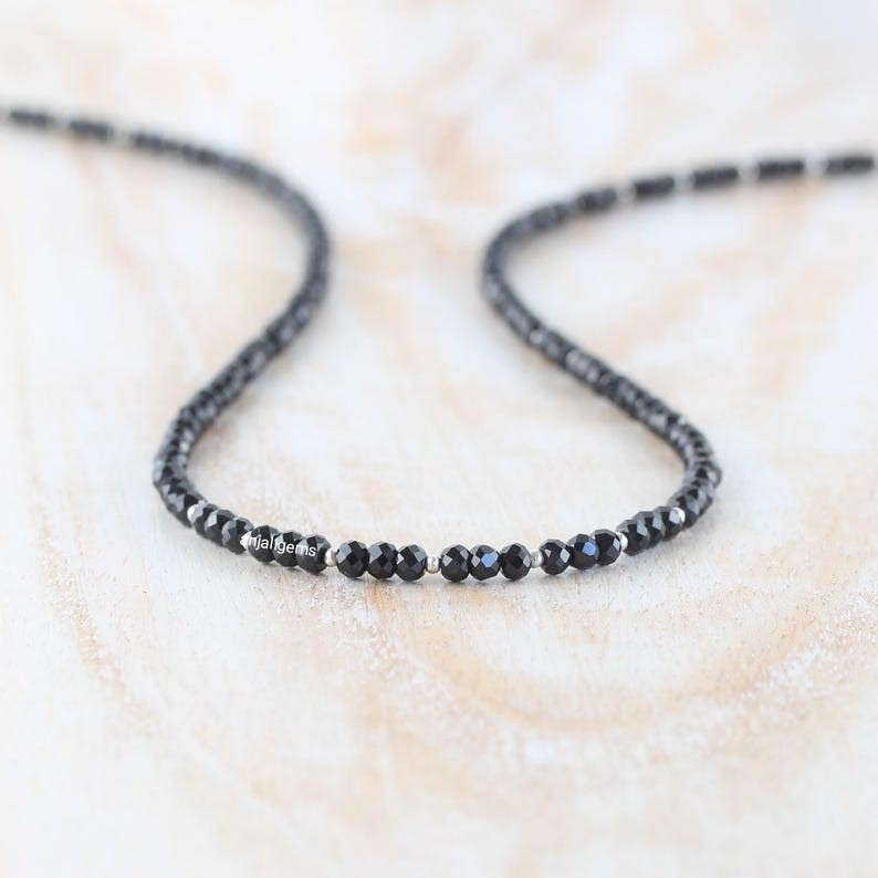 AA+ Natural Black Sapphire Gemstone Beads Necklace In 925 Silver Woman Jewelry A
