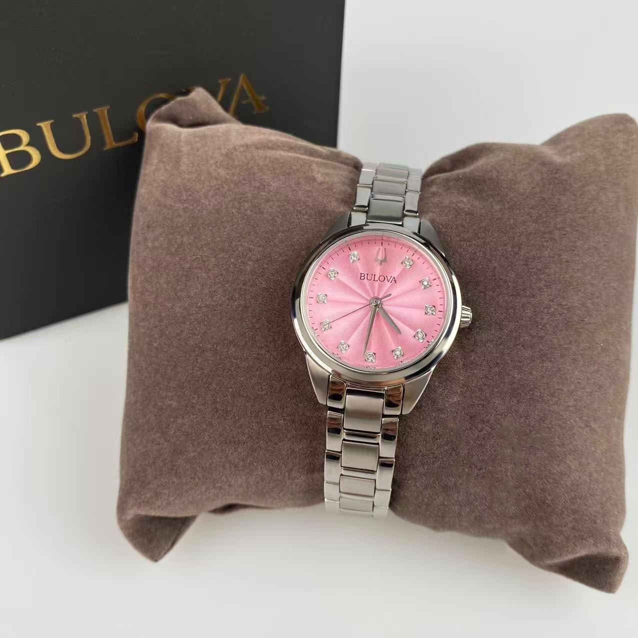 Bulova Sutton 96P249 Pink Diamond Dial Stainless Steel Women’s Quartz Watch 28mm