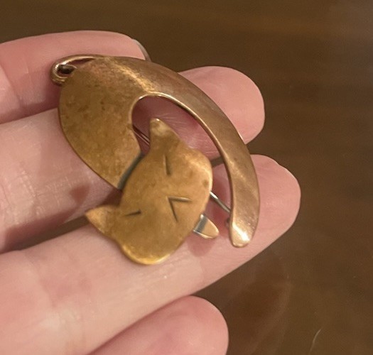 Vintage Otto Robert Bade ORB Signed Hand Wrought Copper MCM Style Cat Brooch