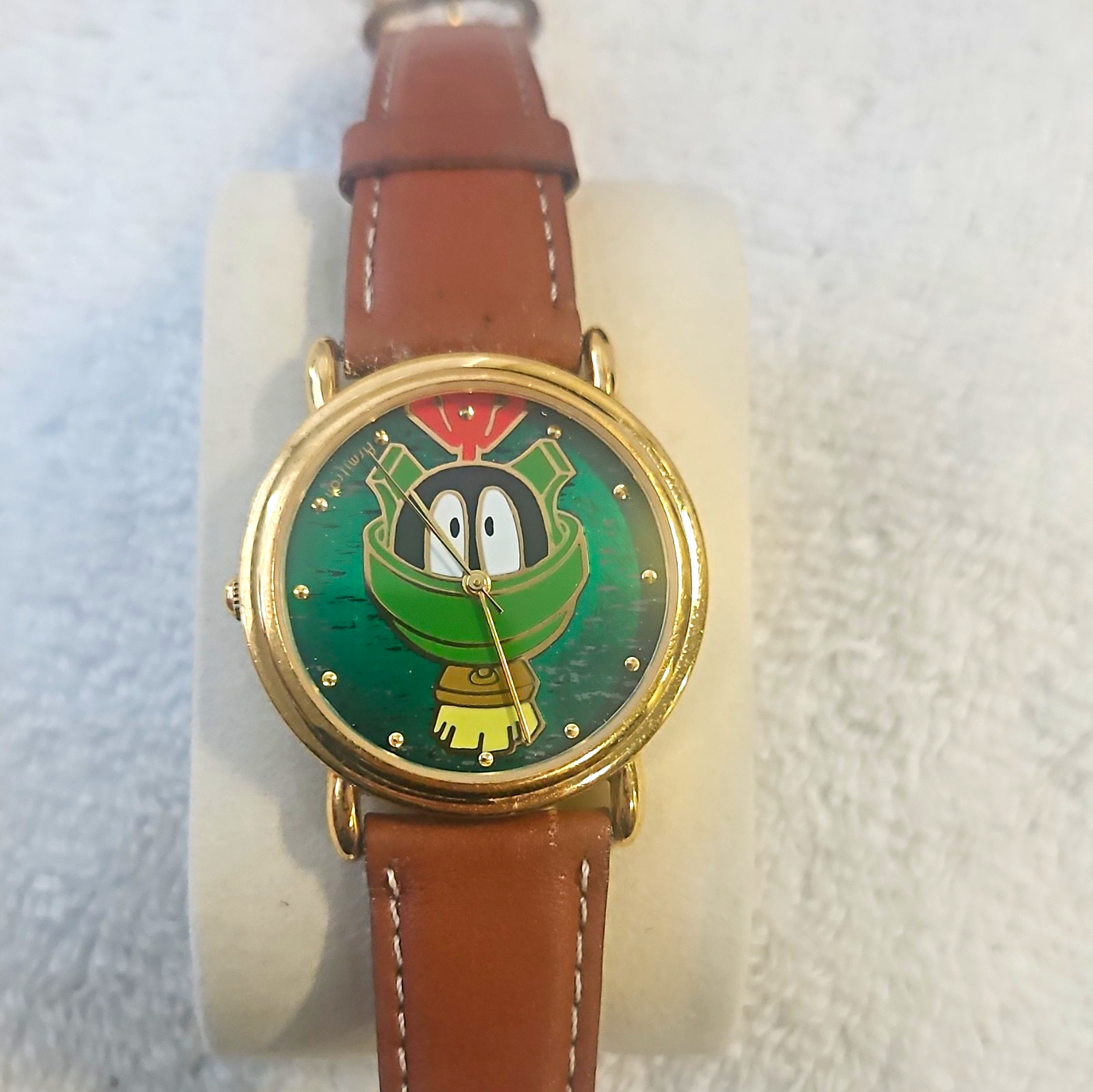 Marvin the Martian Vintage 1990s Quartz Watch Green Dial Gold 28mm Brown Strap