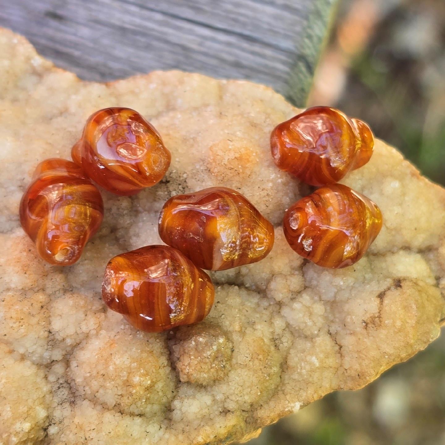 6 Vintage Handmade Lampwork Glass Beads Swirl Caramel Amber Brown Artisan