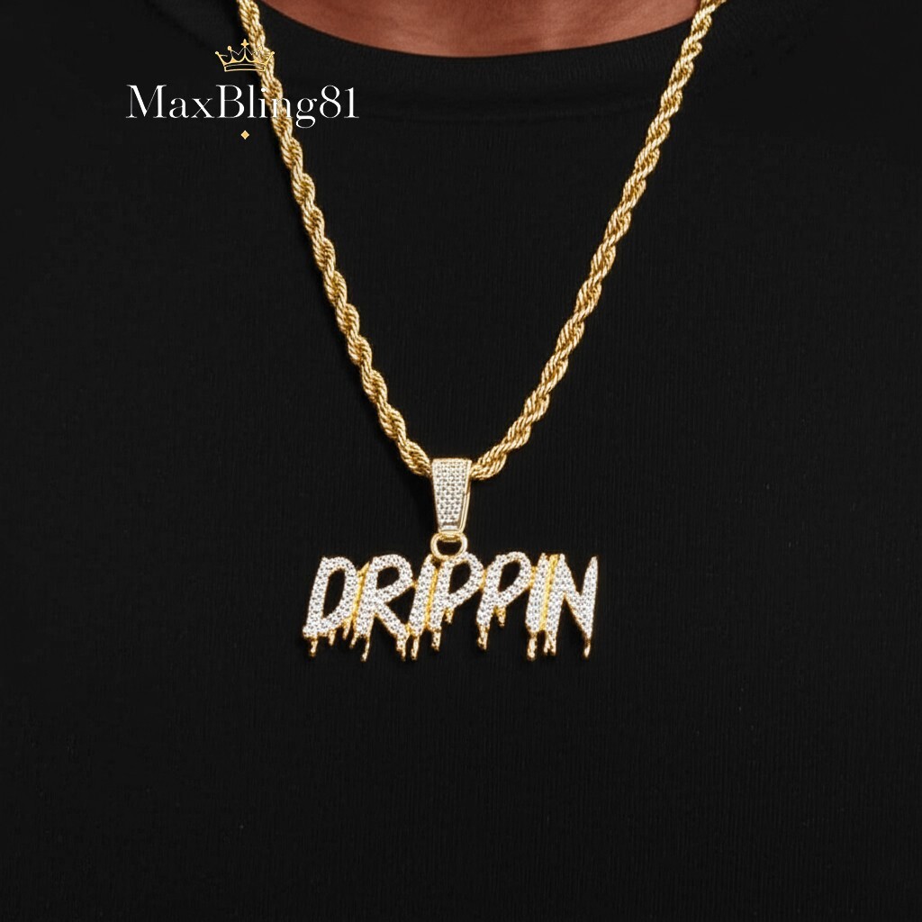 Iced Gold Plated DRIPPIN Letters CZ Pendant 4mm 24″ Rope Chain Hip Hop Necklace