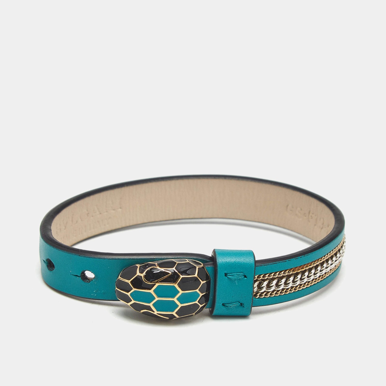 Bvlgari Serpenti Forever 3 Chain Motif Enamel Green Leather Two Tone Metal