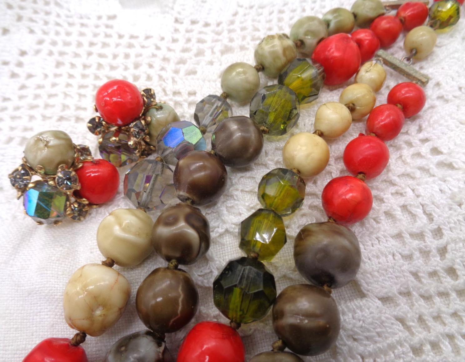 Vintage Signed VOGUE Orange Brown Green BEAD NECKLACE & EARRINGS SET