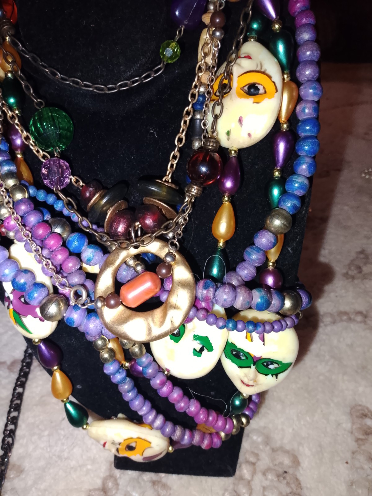 Multicolor Glass Plastic Beaded Layered Cable Chain Mask Charm Necklace