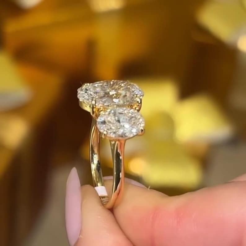Oval Moissanite Three Stone 14K Gold Trilogy Engagement Ring Gift For Her