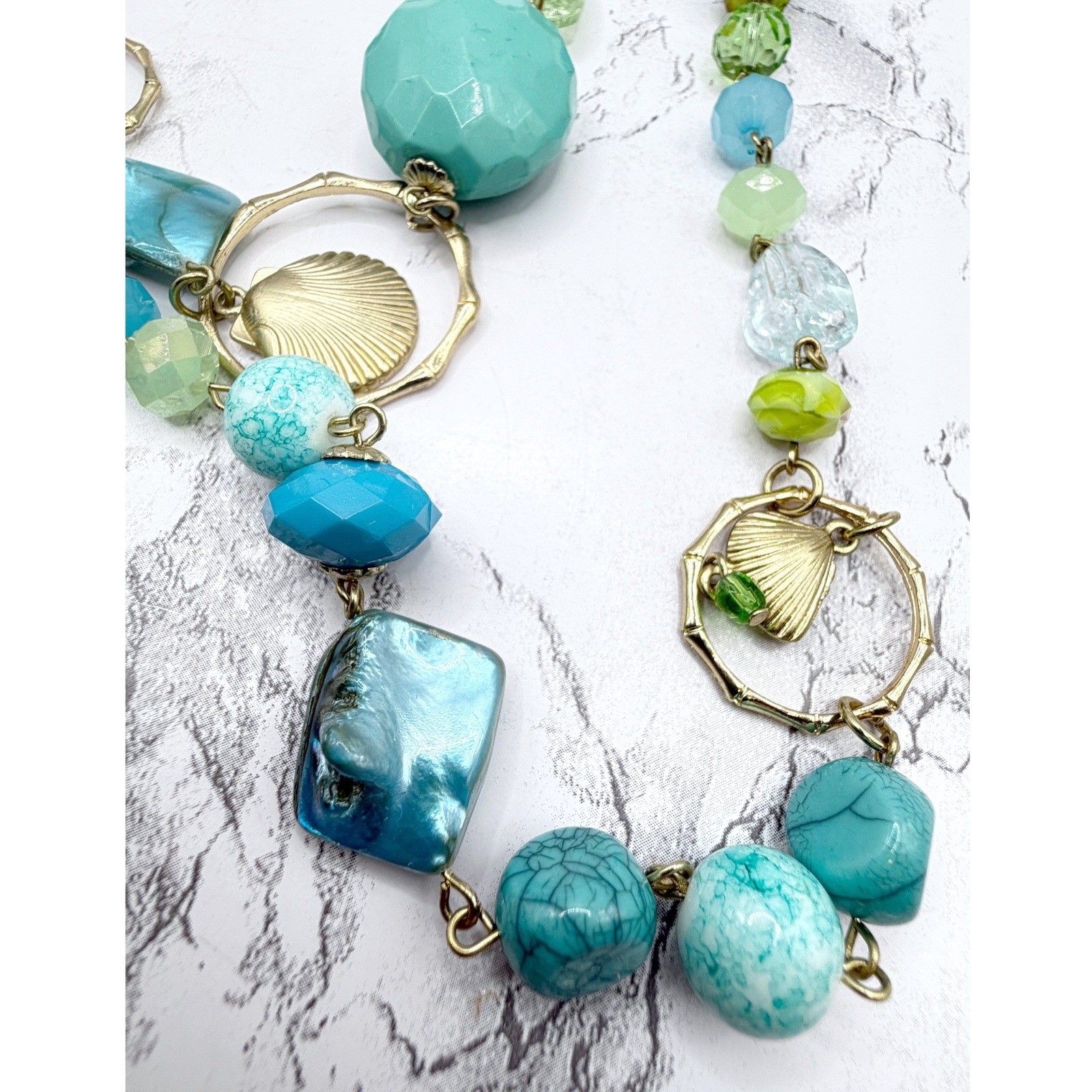Chico’s Boho Chunky Beaded Statement Necklace Aqua Lime Gold 40″
