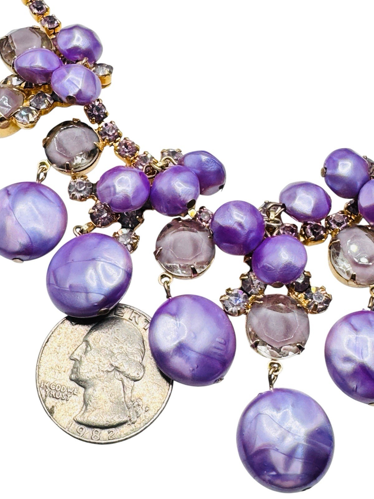 Vintage Juliana D&E Purple Rhinestone Pearl Necklace Earrings Set Book Piece