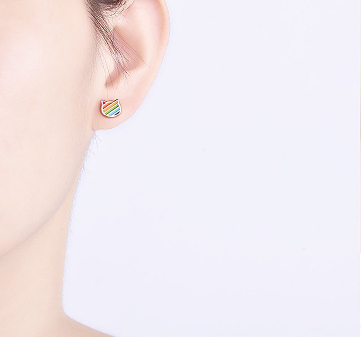 Rhodium Rose Gold Sterling Silver Colorful Cat Face Stud Earrings Gift Box H18