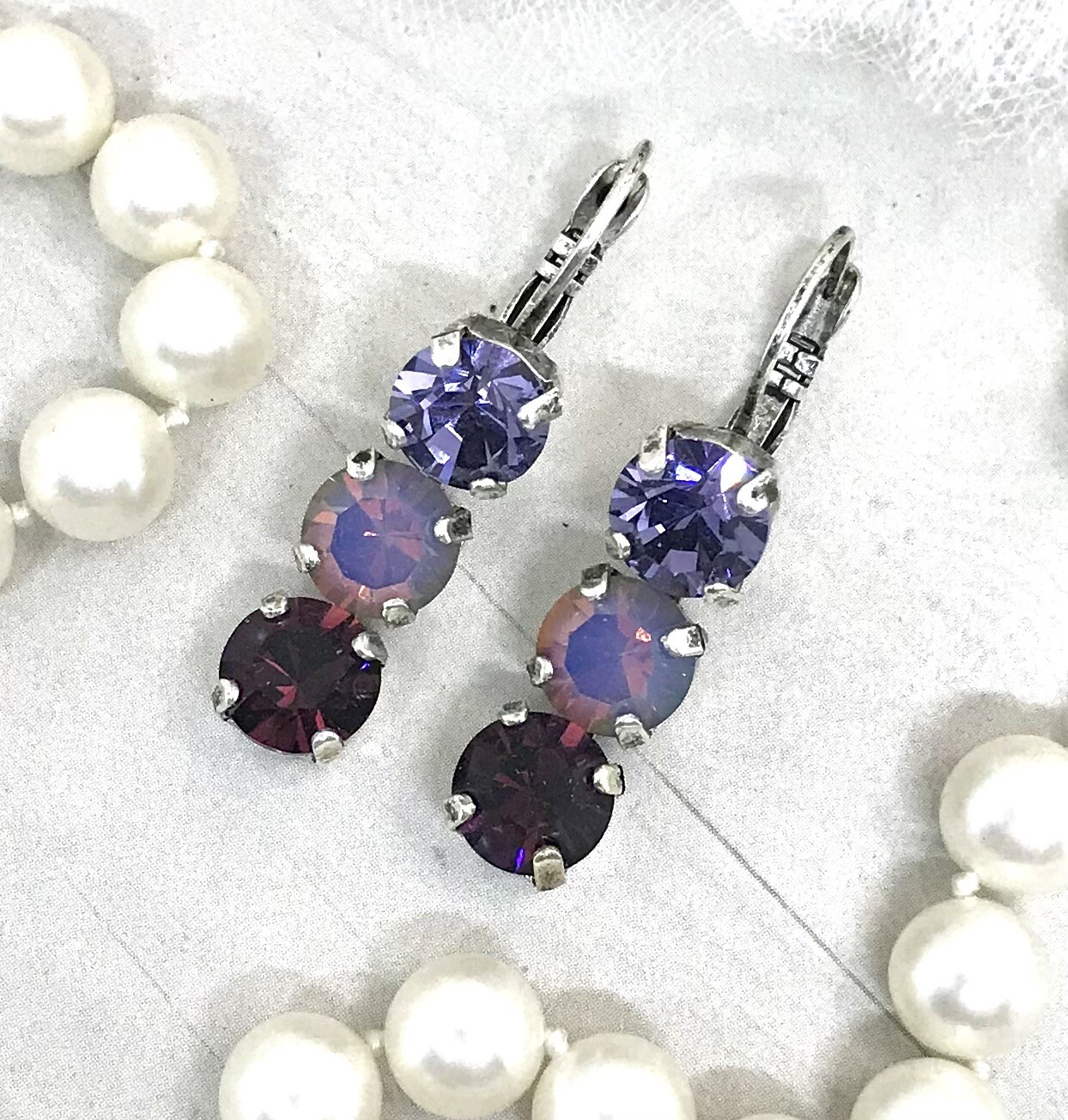 Triple Stone Cup Chain Crystal Earrings made with Purple Austrian Crystals