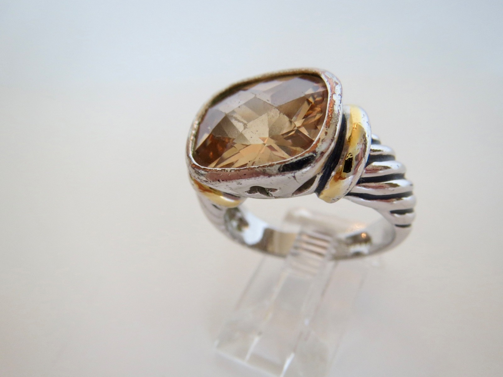 18K HG Electroplate Silver Twisted Cable Faceted Quartz RING Size 8 Two-Tone