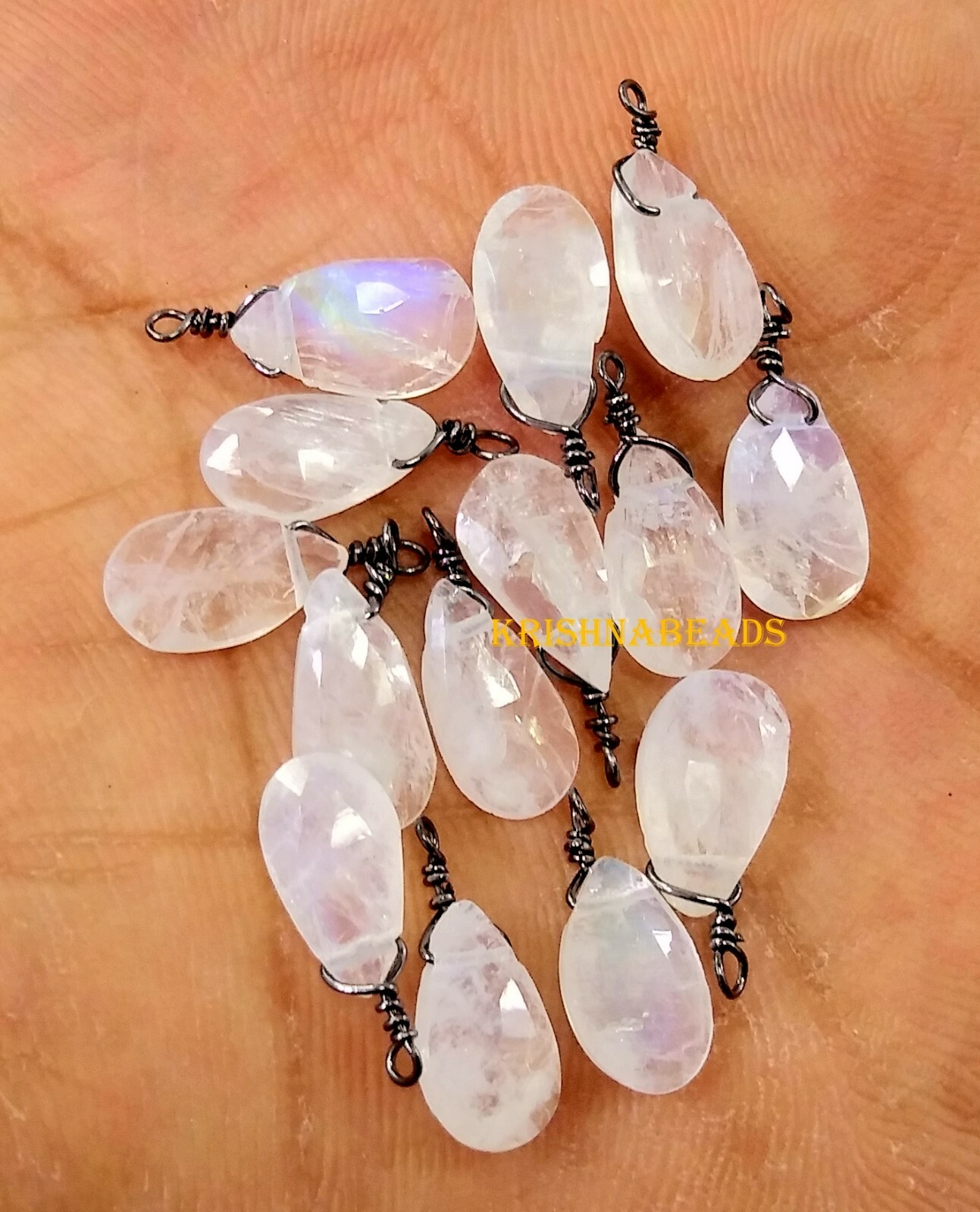 Natural Rainbow Moonstone Pear 6×9-6x10mm Beads Black Plated Wire Wrapped 25Pecs