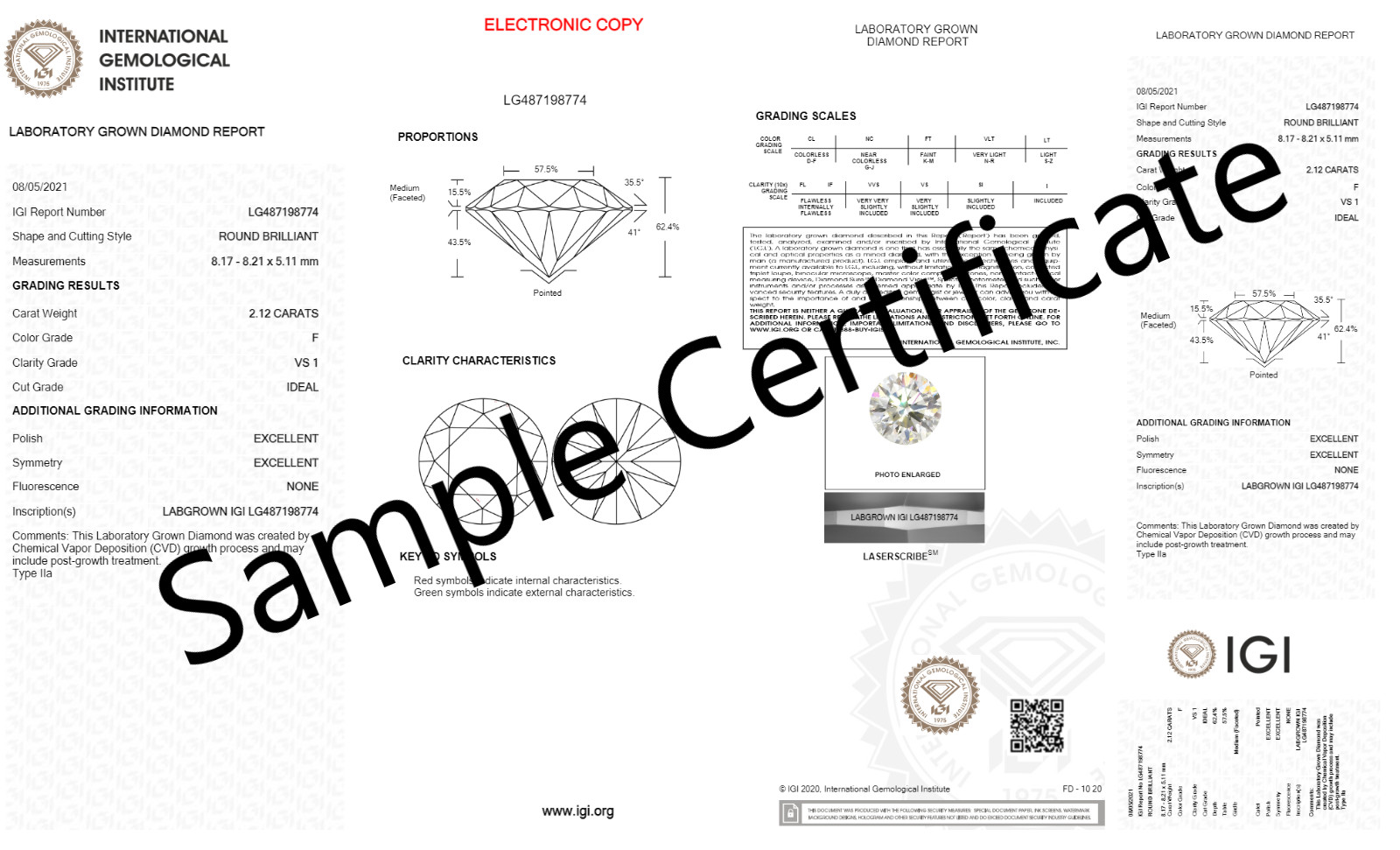 Loose Lab Grown Diamond CVD / HPHT IGI Solitaire Certified Diamond 2.00TCW F VS1