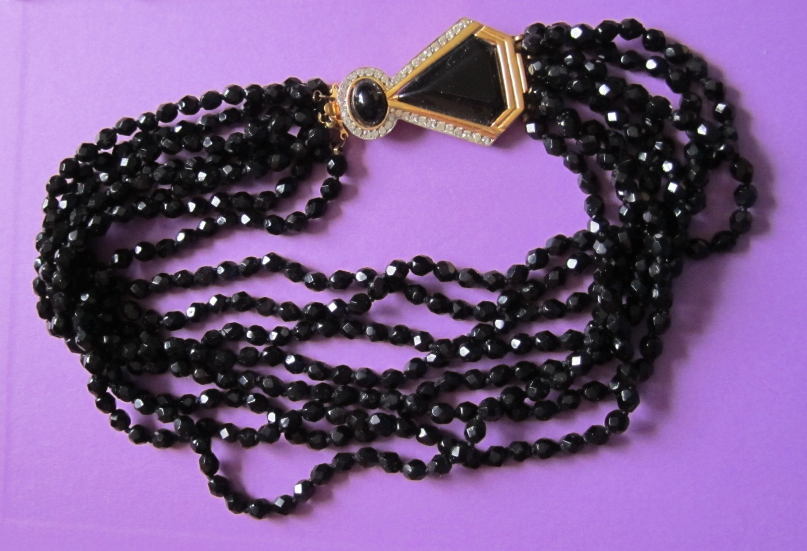 KENNETH J LANE NECKLACE JET BLACK MULTI STRAND RHINESTONES
