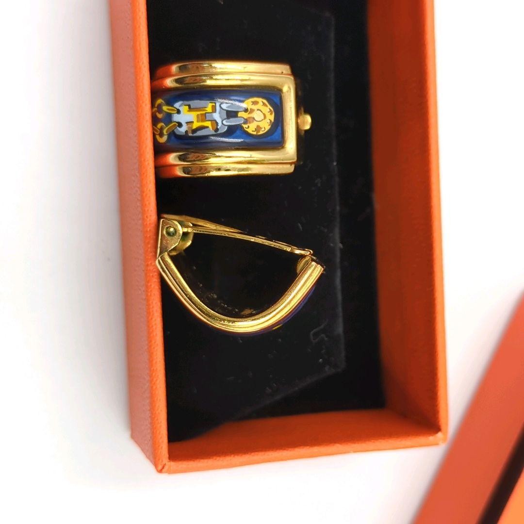 HERMES H Logo Clip On Earrings Enamel Gold Navy Vintage France Box Included Used