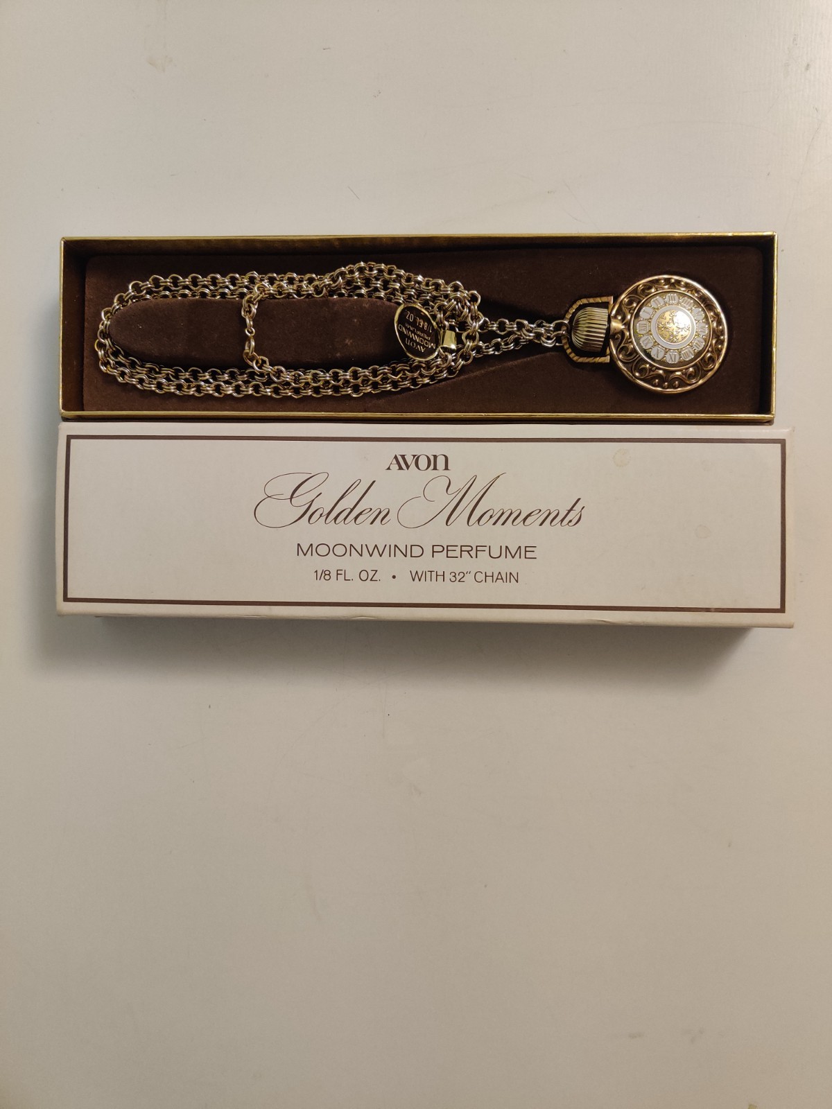 AVON MOONWIND ENAMEL POCKET WATCH 32 in NECKLACE PERFUME BOTTLE New w Box