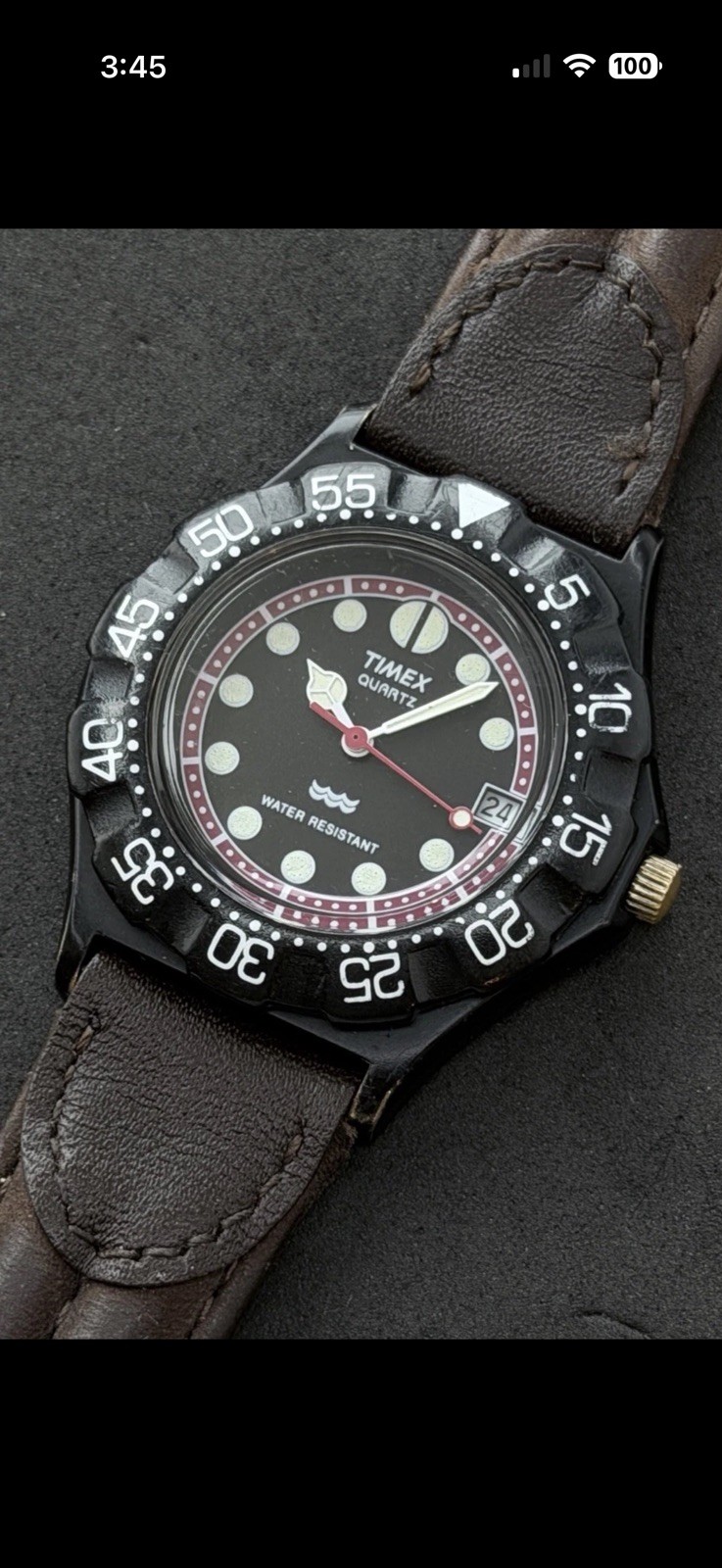 Vtg 1990 TIMEX Diver Men’s 36mm Quartz Watch Date Black Case Dial Brown Leather
