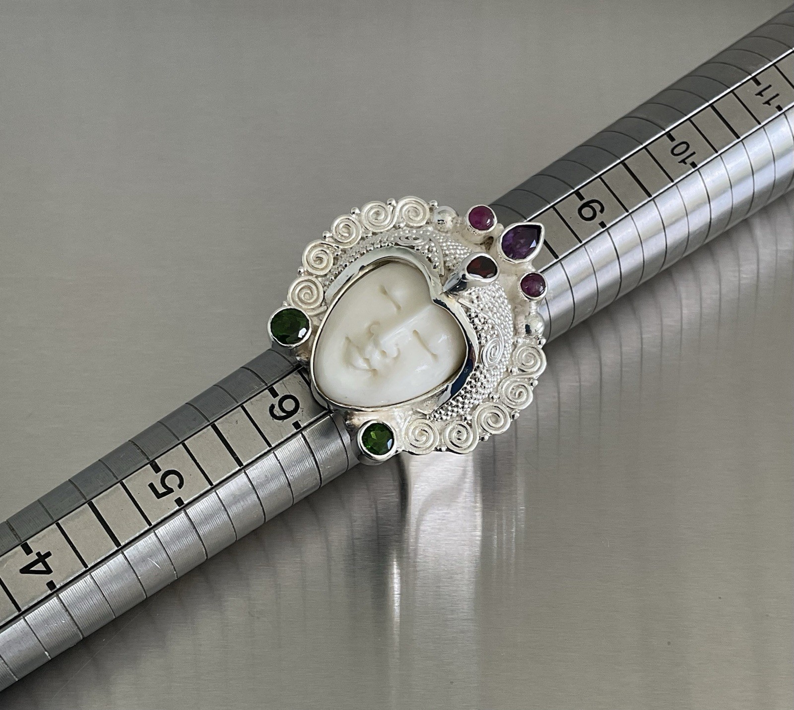 Sajen Silver Carved Goddess Ring Multi Gemstones 925 Sterling Silver Size 7