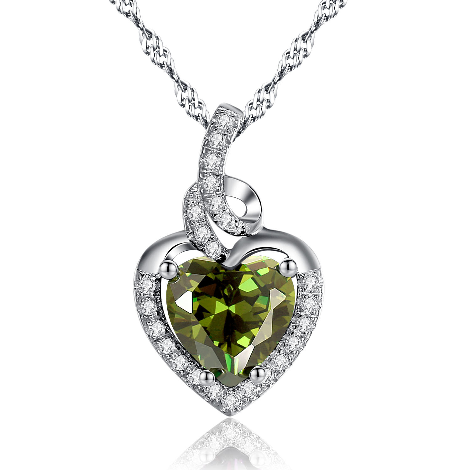 Real Silver pendant necklace Simulated Peridot Heart Gemstone Gift for Women Her