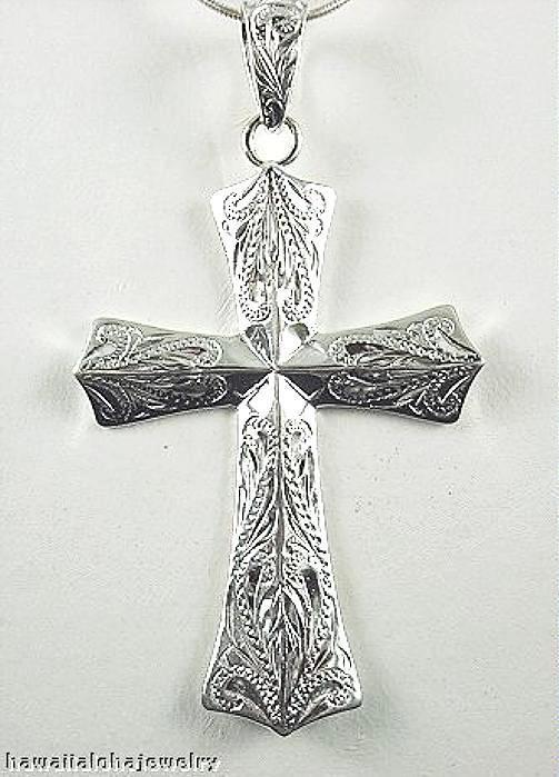 25.5MM SOLID 925 STER SILVER HAND ENGRAVED HAWAIIAN SCROLL FUSILLY CROSS PENDANT