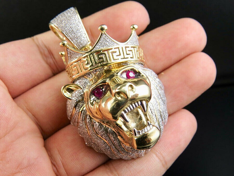 Mens Hip Hop Jewelry 14K Gold Plated 1.20Ct Lab Created Diamond Lion Head Pendat