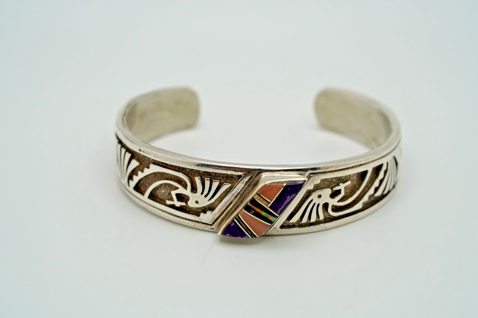 Vintage Navajo Ervin Hoskie Sterling Silver Opal Kokopelli Cuff 2 1/8″ JB33
