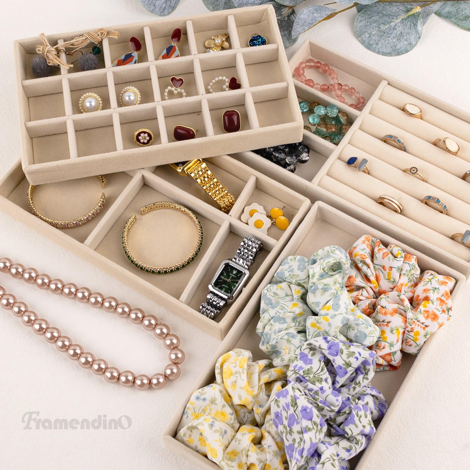 Framendino, 4 Pack Beige Velvet Jewelry Trays Stackable Organizer Drawer Inse…