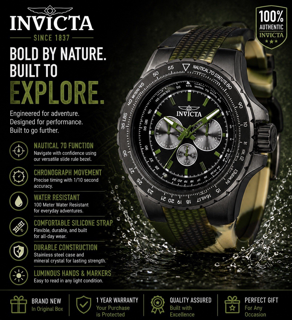 Invicta Nautical Men’s Quartz Chronograph 50mm Black Green Strap 100m Lume