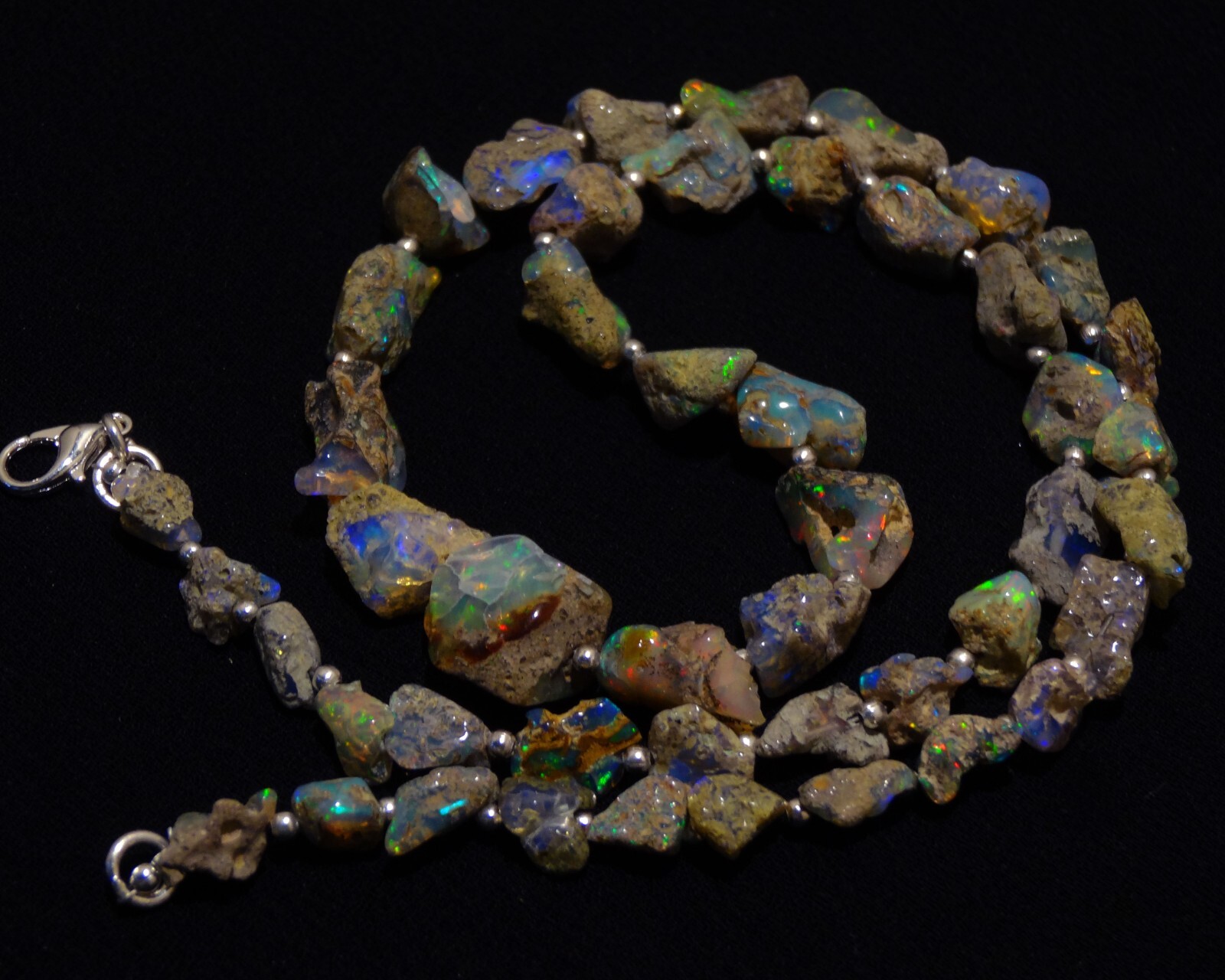 Rainbow Fire Black Opal Rough 9 to 15 mm Freeform Nugget Beads Necklace 19″