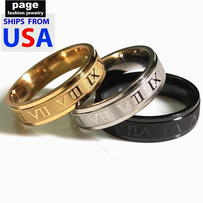 Roman Numerals Gold/Silver/Black Stainless Steel 6mm Wedding Ring Size 6.5 – 11
