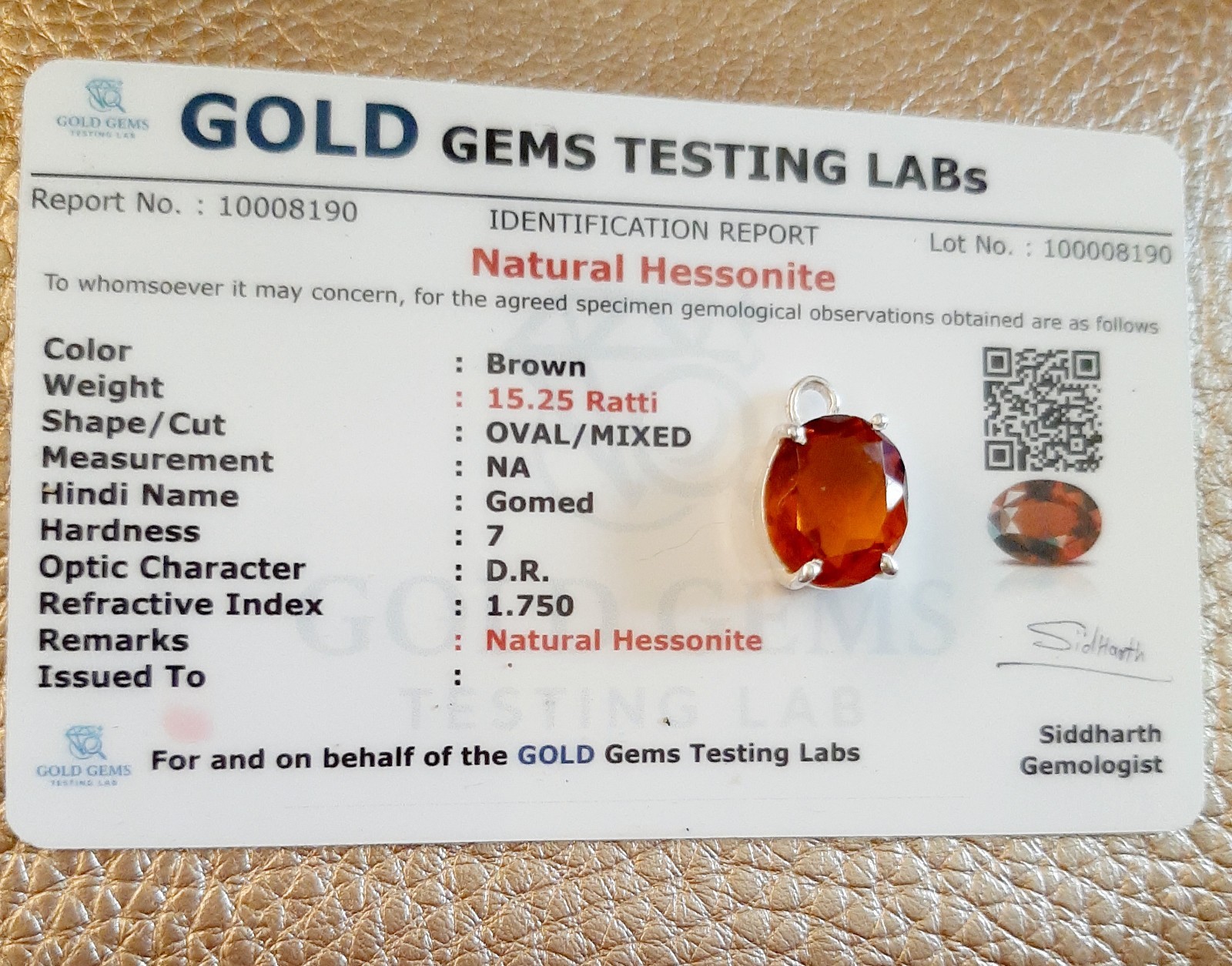Certified Garnet 14.50 Carats, Hessonite, Pendant, Oval, Unheated
