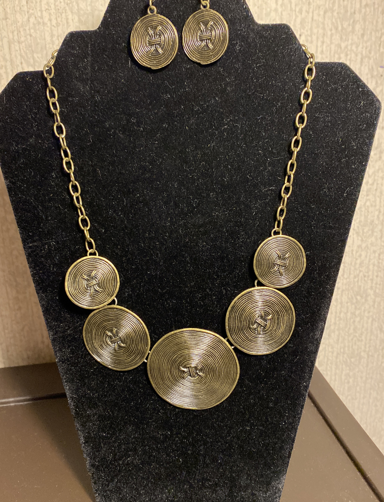 Brass Colored Necklace with earrings. Costume Jewelry. Nickel And Lead Free.